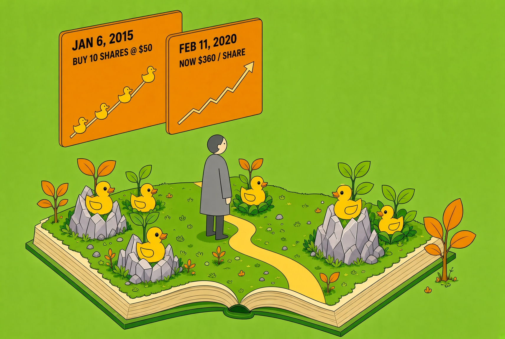 Illustration of the Lucky Ducks investment example: 10 shares bought at $50 in 2015 grow to $360 per share by 2020
