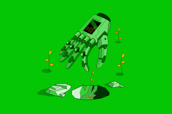 Illustration of a withering robotic hand crumbling apart, representing an investment that can lose value